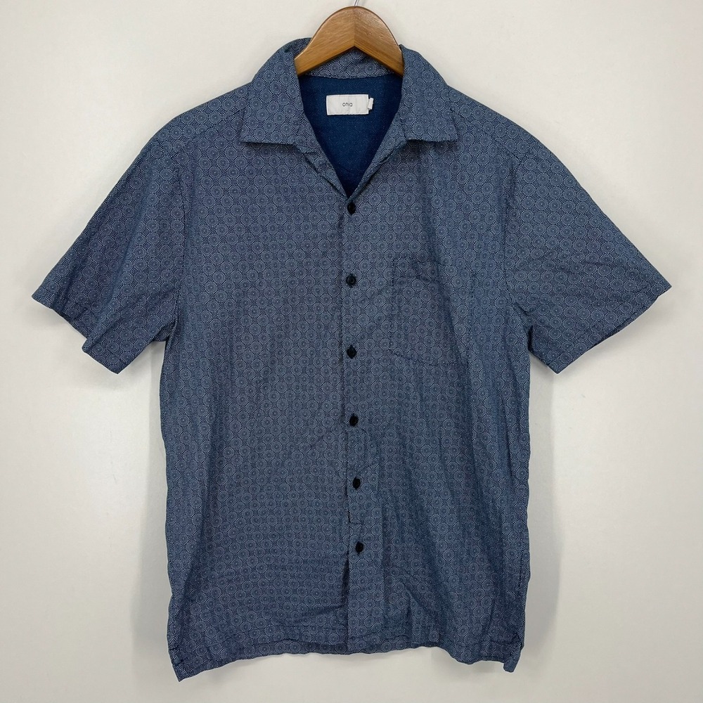 Onia Short Sleeve Button‎ Shirt Men's Size M Blue Geometric Print Cotton